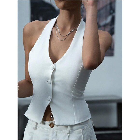 Women's Backless Halter Crop Vest Button Up V Neck Dressy Going Out Suit Top - Picture 3 of 6